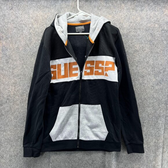 Guess Sweater Women 18 Black White Full Zip Hoodie Full Zip Jacket Spell out VTG - Picture 1 of 12